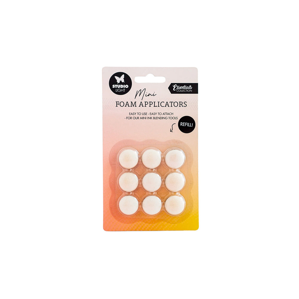Eine Packung mit neun runden Schaumstoffapplikatoren von Studio Light, auf einer rosa-gelben Karte mit der Aufschrift "Foam Applicators Refill", ideal für die Verwendung mit Mini Ink Blending Tools.