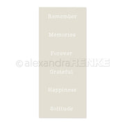 Beigefarbene Karte von Alexandra Renke mit weißem Text: Remember, Memories, Forever, Grateful, Happiness, Solitude. Diese inspirierenden Worte regen die Kreativität an - ideal als Schablone für Ihr nächstes kreatives Projekt.