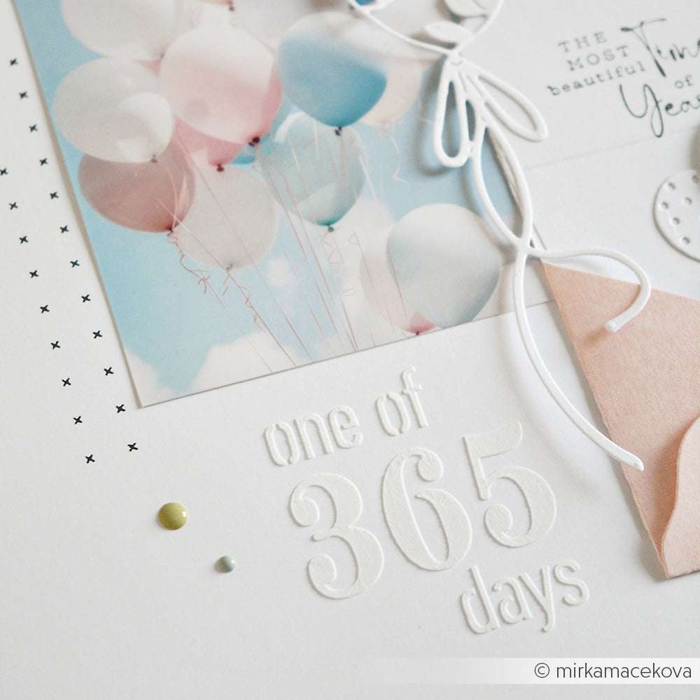 Foto von pastellfarbenen Luftballons und geprägtem "one of 365 days"-Text auf Weiß mit Verzierungen - perfekt für Papierprojekte oder mit einer Schablone von Alexandra Renke, um eine kreative Note hinzuzufügen.