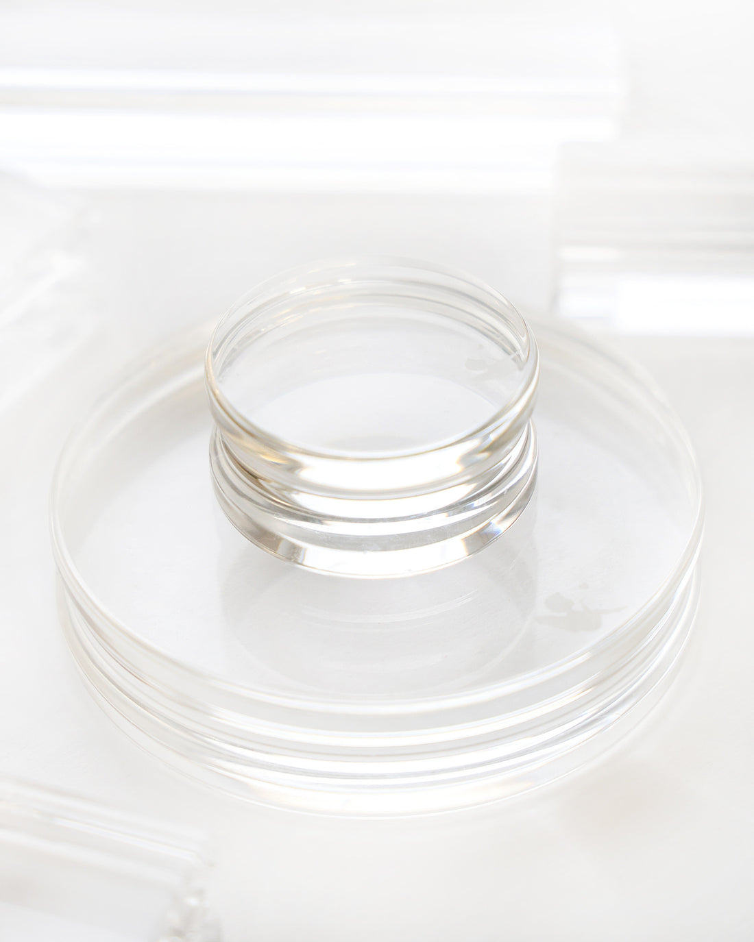 Eine Petrischale aus Klarglas mit einer kleineren Glasschale darin, die auf eine weiße Fläche gestellt wird.