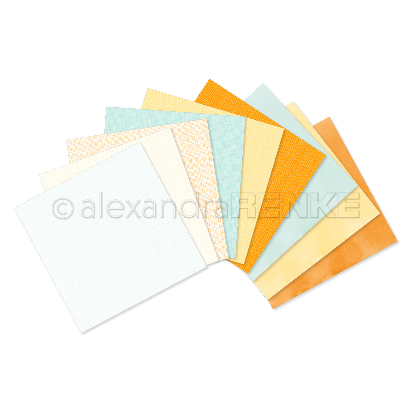 Neun quadratische Bögen gemustertes Papier in Pastell- und Orangetönen, fächerförmig auf einem weißen Hintergrund angeordnet – perfekt, um Inspiration zu wecken und Ihren „Kreativitäts-Bundle“-Kollektionen einen Hauch von Farbe zu verleihen.