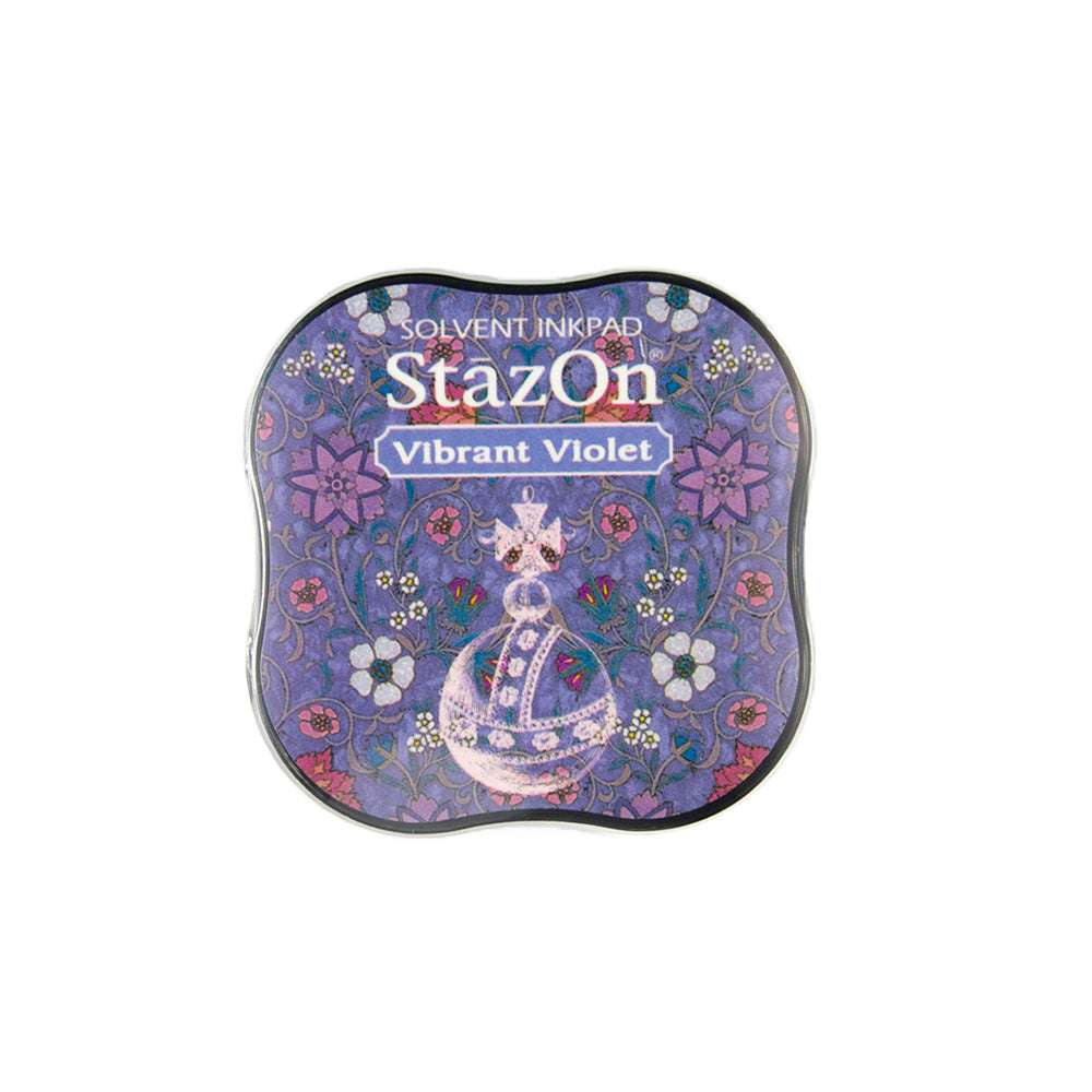 Tsukineko StazOn Stempelkissen in Vibrant Violet mit wasserbeständiger Tinte für glatte Oberflächen und floralem Paisley-Muster auf dem Deckel.