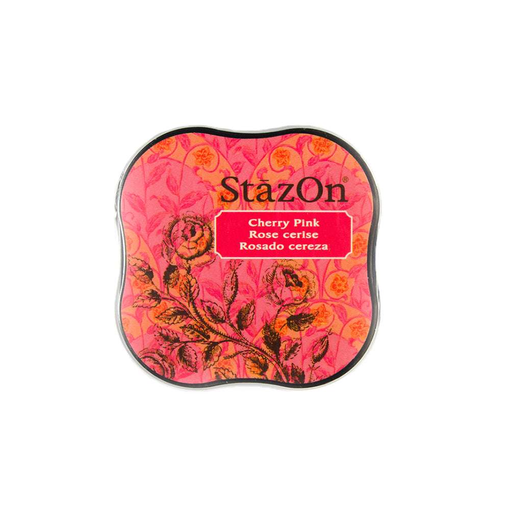 Ein Tsukineko StazOn Stempelkissen in Cherry Pink mit floralem Design und Produktname auf dem Deckel - farbecht und ideal für glatte Oberflächen.