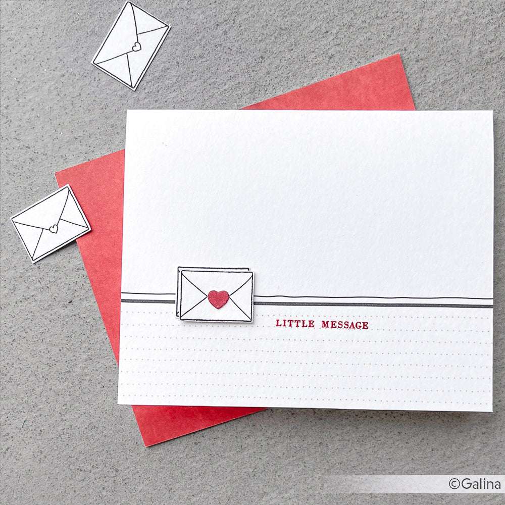 Handgefertigte Karte von Alexandra Renke mit winzigen Umschlagillustrationen und dem Text "LITTLE MESSAGE" auf weißem und rotem Hintergrund, ideal für die Verwendung mit Photopolymer- oder Klarsichtstempeln auf Ihrem Acrylblock.