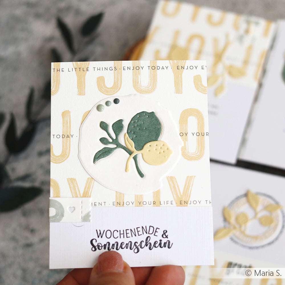 Eine Hand hält eine Karte mit einem Blatt- und Zitronenmotiv, dem Text JOY und den deutschen Worten WOCHENENDE & Sommerschein", hergestellt mit einem photopolymeren Clear-Stempelset von Alexandra Renke.