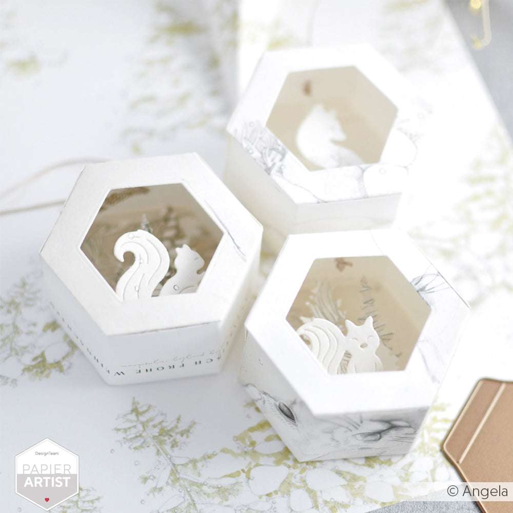 Sechseckige weiße Schachteln mit komplizierten Eichhörnchenausschnitten, hergestellt mit Alexandra Renke Stanzen für Papier und DieCut Systemen, auf einem hellen floralen Hintergrund.