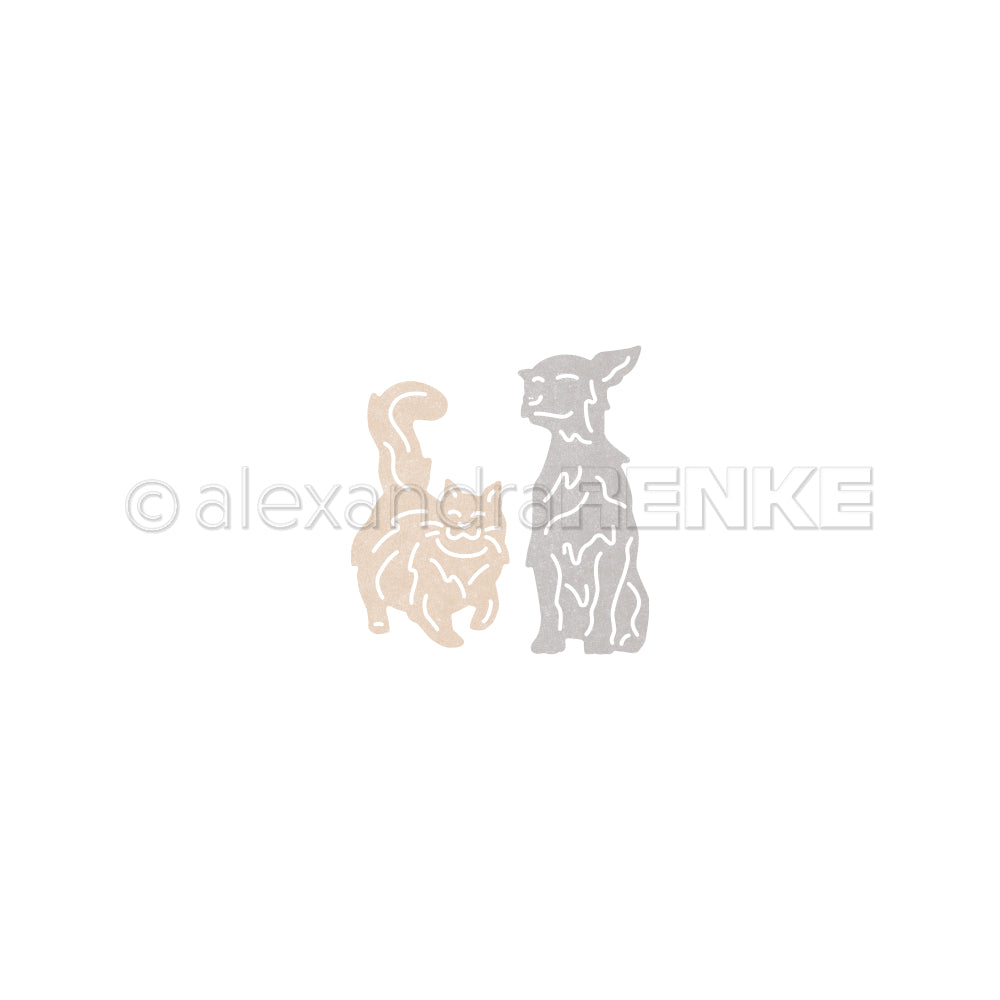 Zwei minimalistisch skizzierte Katzen - eine beige, eine grau - stehen sich auf Weiß gegenüber. Perfekt für Alexandra Renke Designpapiere oder zur Verwendung mit der Motivstanze Streuner Duo DieCut Systeme.