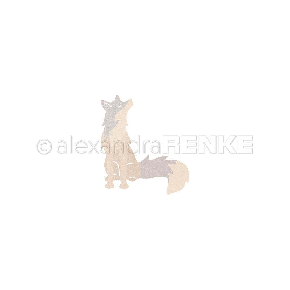 Illustration eines sitzenden und nach oben schauenden Fuchses mit buschigem Schwanz auf weißem Hintergrund - ideal für Alexandra Renke Designpapiere oder als Inspiration für Ihre nächste Motivstanze Fuchs in kreativen Stanzsystemen.