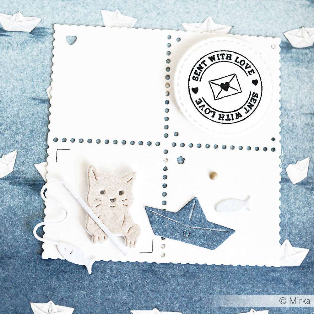Handgefertigte Karte mit einer Katze, einem Papierboot, Fischausschnitten und dem Stempel Sent with Love auf blauem Hintergrund - perfekt, um die Alexandra Renke Motivstanze Katzen-Angler mit Stanzen aus Stahl oder DieCut Systemen zu präsentieren.