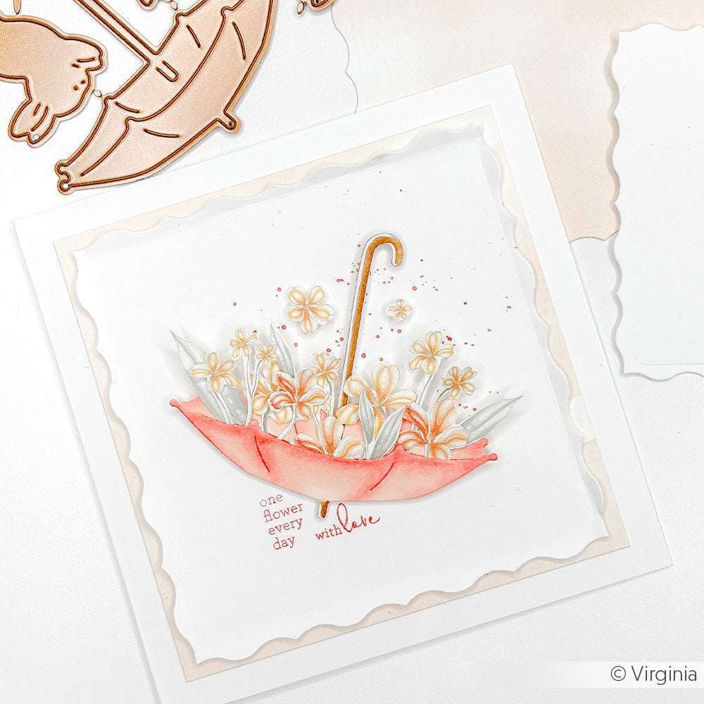 Illustration eines mit Blumen gefüllten Regenschirms und dem Spruch "Jeden Tag eine Blume mit Liebe", ideal zum Hinzufügen von Alexandra Renke Motiven wie Motivstanze Regenspaß oder Deep Edge Motivstanzen wie PAPPcut®ies.