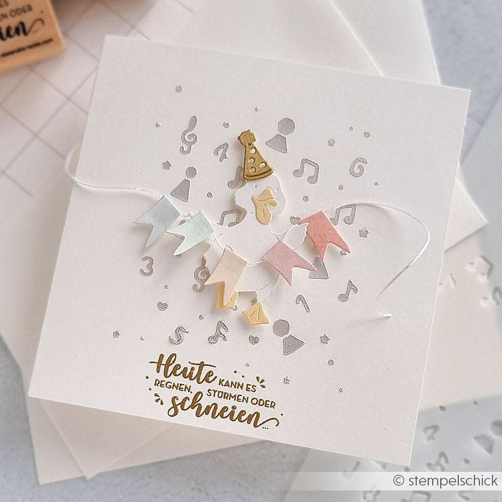 Quadratische Grußkarte von Alexandra Renke mit pastellfarbenen Wimpeln, goldenem Text, Konfetti und einem winzigen Partyhut auf weißem Untergrund - gestaltet mit PAPPcut®ies Motivstanze für charmante Details.