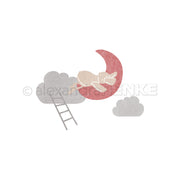 Ein fliegendes Schwein ruht auf einer roten Mondsichel über Wolken mit einer Leiter und schafft so eine bezaubernde Szene, die von Alexandra Renkes skurrilen Designs inspiriert ist.