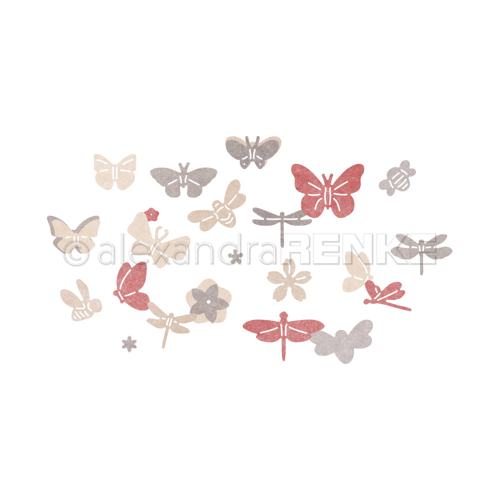 Einfache Illustration von Schmetterlingen, Libellen, Bienen und Blumen in gedämpften Rot-, Beige- und Grautönen - perfekt für die Verwendung mit Dies oder als Inspiration für Ihr nächstes Alexandra Renke Motivstanze Wiesenzauber-Projekt.