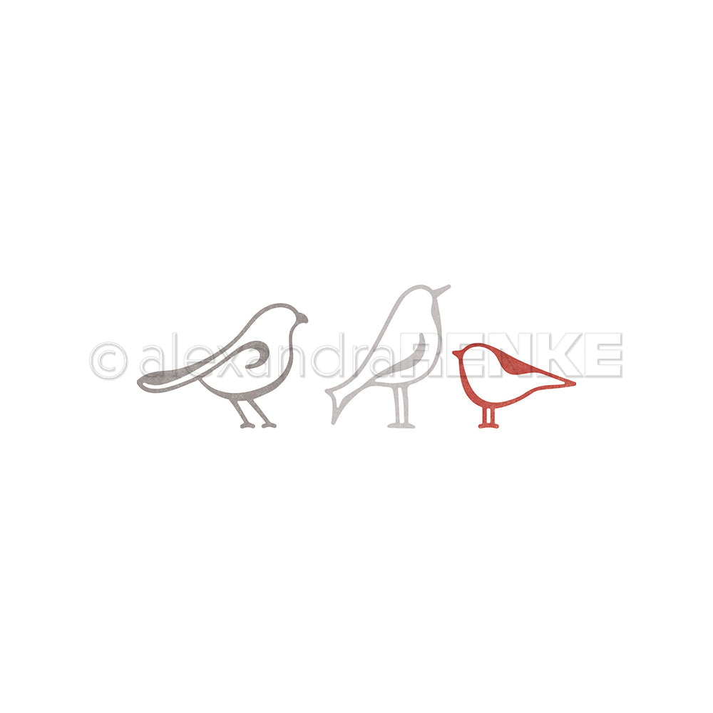 Drei einfache, mit der Lineart Vogeltrio-Stanze von Alexandra Renke gezeichnete Vögel, wobei der rechte Vogel in Rot und die anderen in Grau gehalten sind.