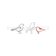 Drei einfache, mit der Lineart Vogeltrio-Stanze von Alexandra Renke gezeichnete Vögel, wobei der rechte Vogel in Rot und die anderen in Grau gehalten sind.