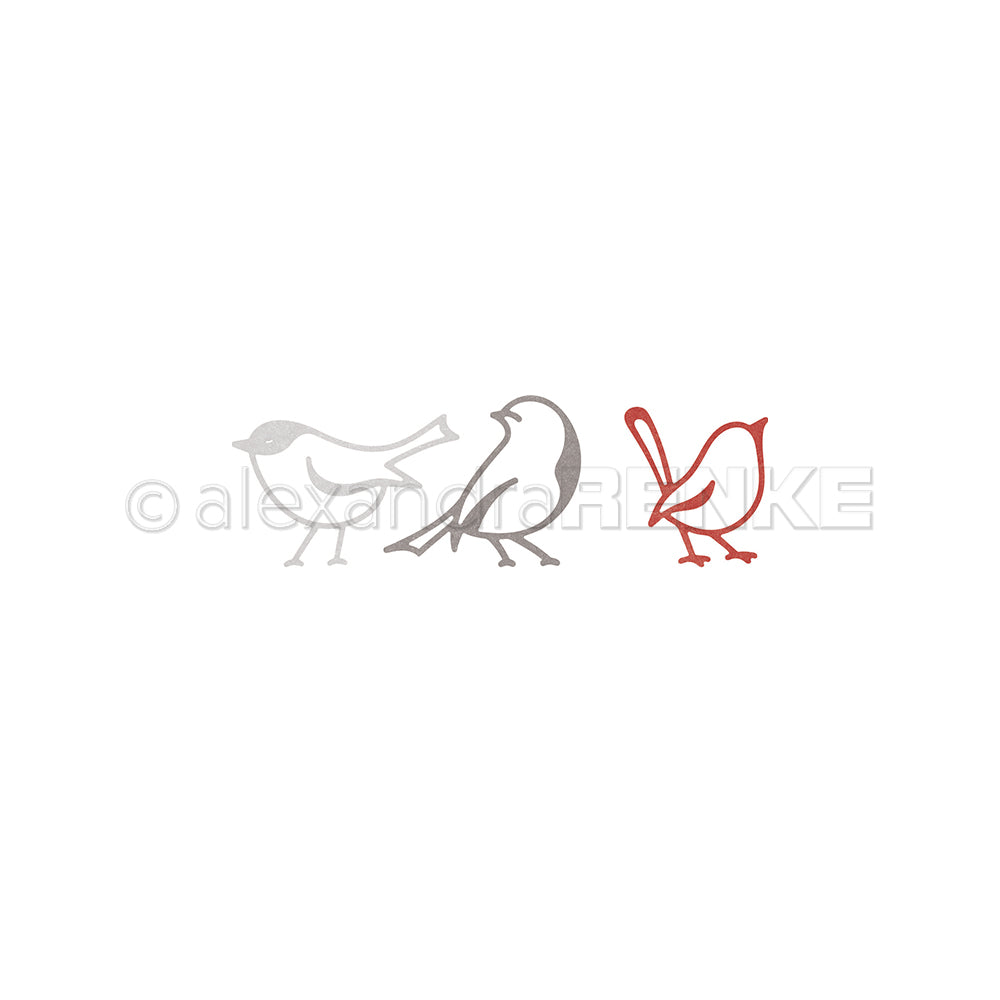Drei minimalistische Vogelillustrationen - zwei grau, eine rot auf weiß - von Alexandra Renke, ideal für Designpapiere oder zur Kombination mit der Motivstanze Lineart Vogeltrio DieCut Systeme.