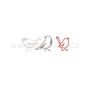 Drei minimalistische Vogelillustrationen - zwei grau, eine rot auf weiß - von Alexandra Renke, ideal für Designpapiere oder zur Kombination mit der Motivstanze Lineart Vogeltrio DieCut Systeme.