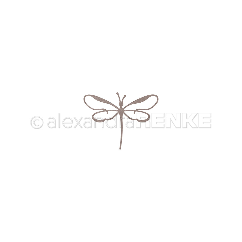 Minimalistische braune Libellen-Linienzeichnung von Alexandra Renke, inspiriert von der Motivstanze Lineart Libelle, zentriert auf einem strahlend weißen Hintergrund.