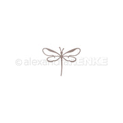 Minimalistische braune Libellen-Linienzeichnung von Alexandra Renke, inspiriert von der Motivstanze Lineart Libelle, zentriert auf einem strahlend weißen Hintergrund.