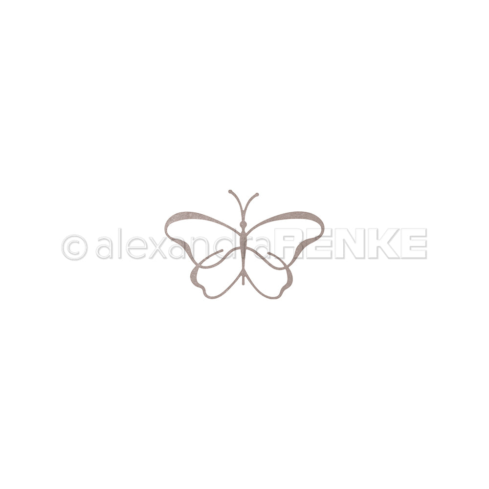 Minimalistische Linienzeichnung eines Schmetterlings, zentriert auf Weiß, inspiriert von Alexandra Renke und ideal für die Verwendung mit DieCut-Systemen oder eleganten Designpapieren.