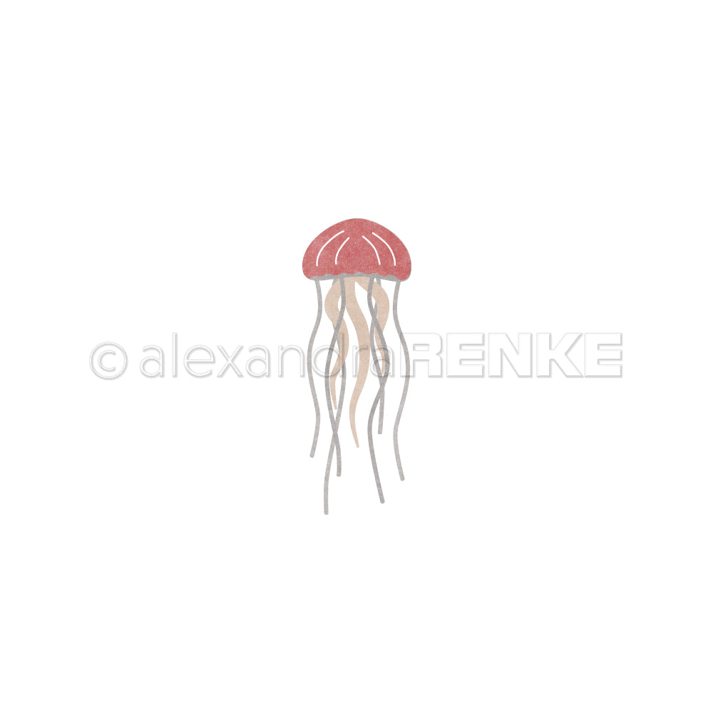 Aquarell-Illustration einer rosa Qualle mit langen Tentakeln auf weißem Hintergrund, inspiriert von Alexandra Renke und zarten Stanzen aus Stahl-Designs.