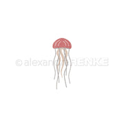 Aquarell-Illustration einer rosa Qualle mit langen Tentakeln auf weißem Hintergrund, inspiriert von Alexandra Renke und zarten Stanzen aus Stahl-Designs.