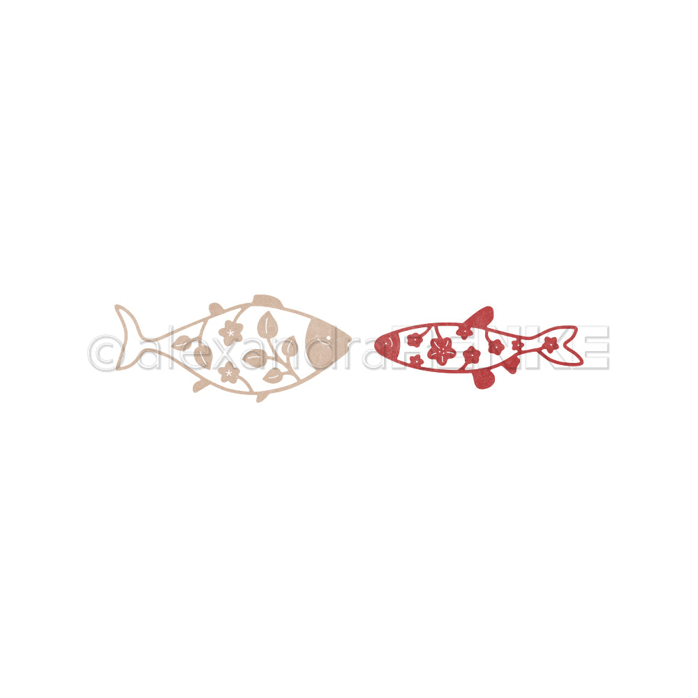 Zwei stilisierte Fische mit Blumenmuster-Alexandra Renke Motivstanze Zwei blumige Fische-ein beiger und ein roter, die sich auf weißem Hintergrund gegenüberstehen.