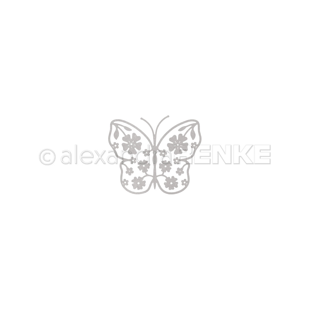 Einfache graue Schmetterlingsillustration mit floralen Flügelmustern, inspiriert von der Alexandra Renke Motivstanze Blumiger Schmetterling, zentriert auf einem weißen Hintergrund.