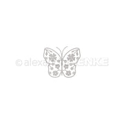 Einfache graue Schmetterlingsillustration mit floralen Flügelmustern, inspiriert von der Alexandra Renke Motivstanze Blumiger Schmetterling, zentriert auf einem weißen Hintergrund.