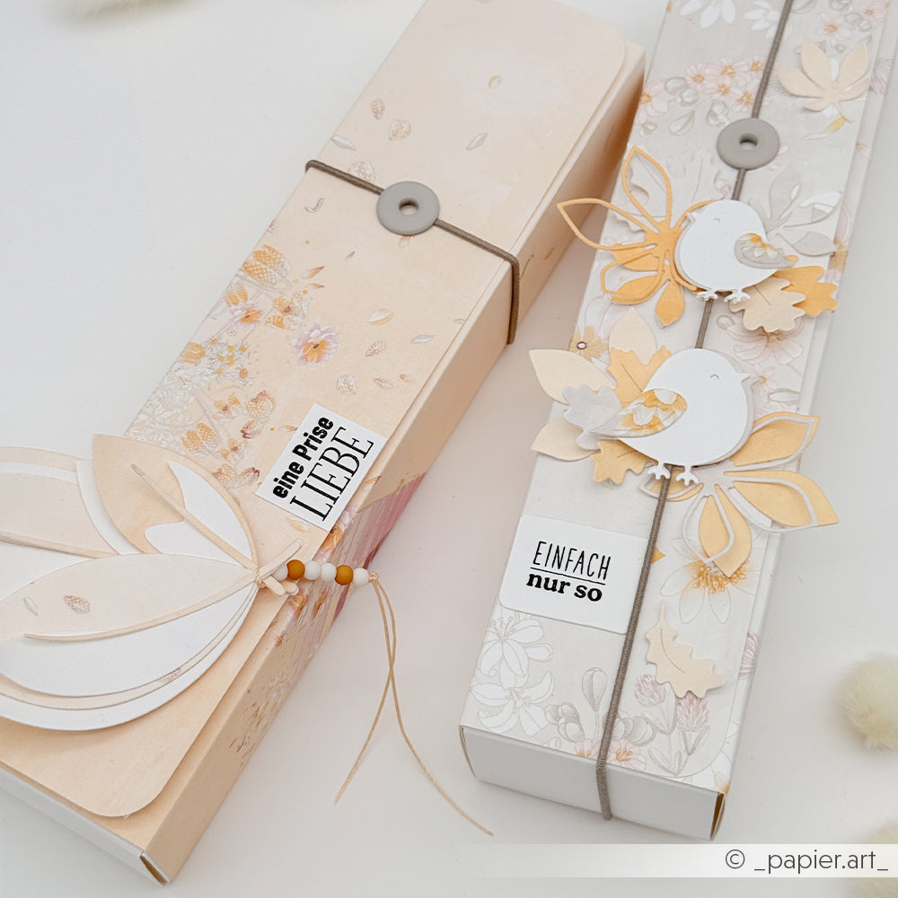 Zwei verzierte Pastell-Geschenkboxen mit Blumenmustern, Vögeln, die mit der Motivstanze „Vogel Duo“ gestaltet wurden, und Etiketten mit deutschen Texten – gefertigt aus hochwertigen Designpapieren – präsentiert auf einem weißen Untergrund.