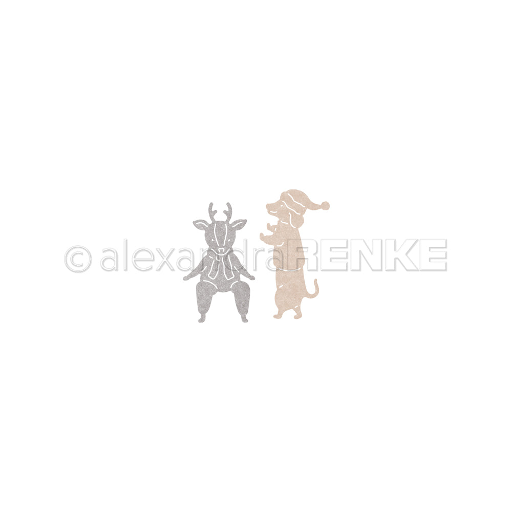 Ein Rentier und ein Dackel mit einer Weihnachtsmannmütze, im Stil von DieCut Systeme ausgeschnitten.
