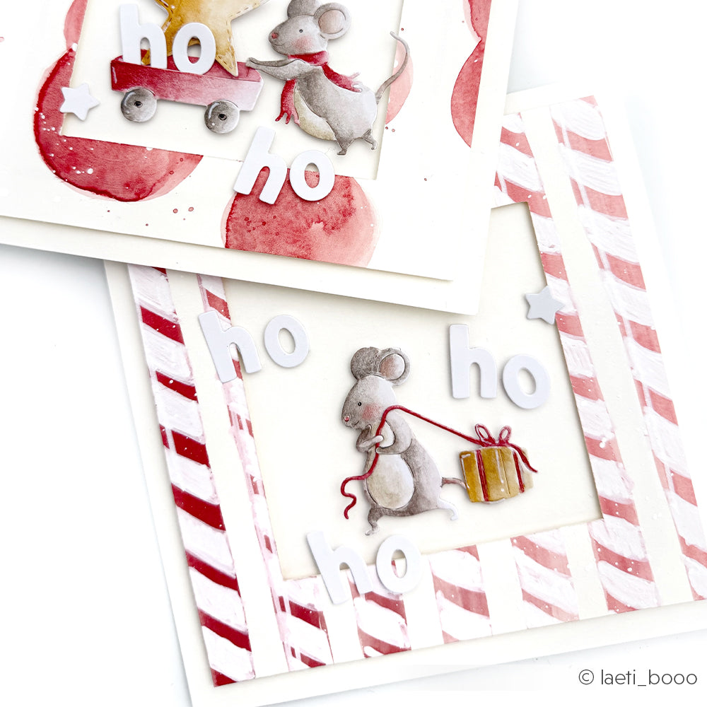 Zwei Weihnachtskarten mit Mäusen in Aquarelloptik, dem Wort ho und der Motivstanze Geschenkemaus.