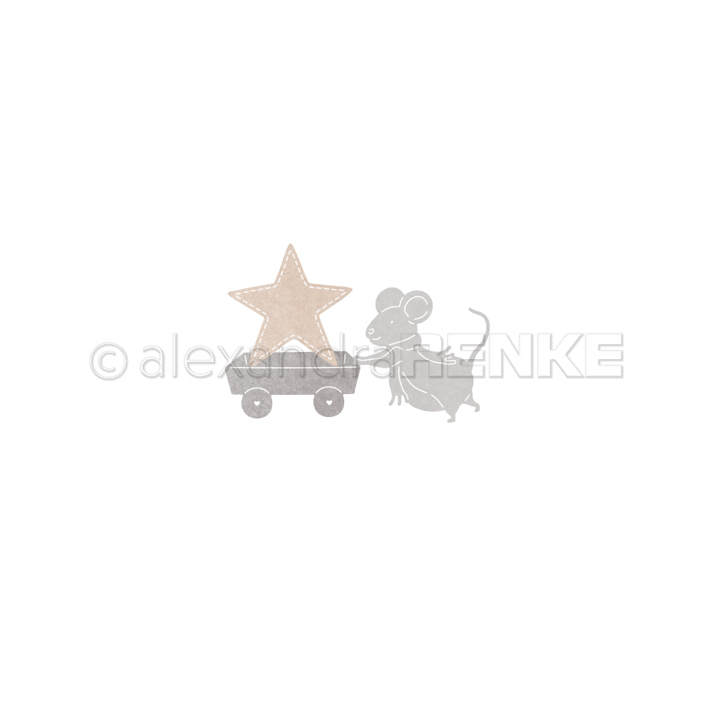 Eine kleine Maus, die einen Spielzeugwagen schiebt, auf dem ein Stern liegt – ideal für die Verwendung mit dekorativen Stanzformen.