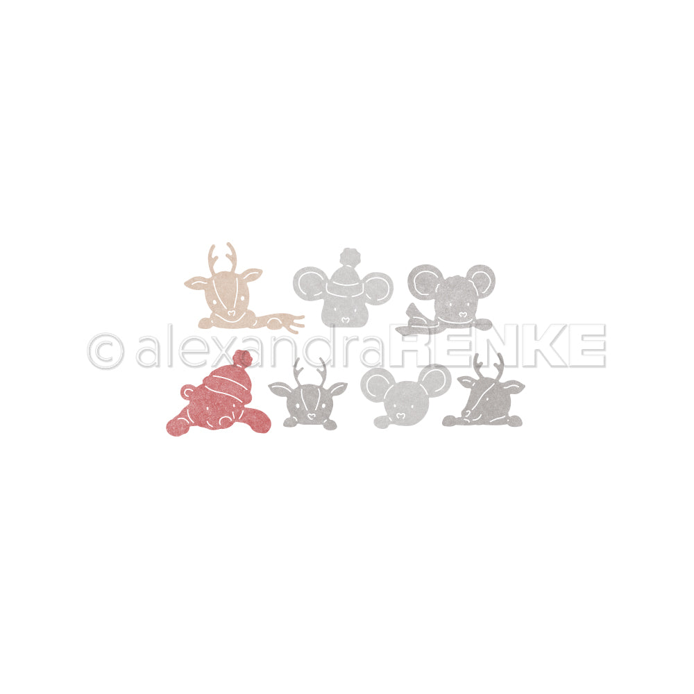 Kleine, strukturierte Stempel der Serie „Motivstanze Neugierige Tierchen“ mit verschiedenen Waldtieren, die Wintermützen tragen.