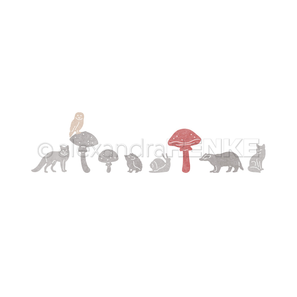 Eine Reihe illustrierter Waldtiere und Pilze, darunter ein Fuchs, eine Eule, ein Igel, eine Schnecke und ein Dachs, aus der Designpapier-Kollektion „Waldtier-Szene“.