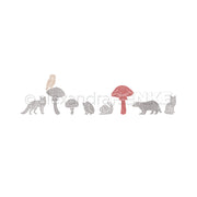 Eine Reihe illustrierter Waldtiere und Pilze, darunter ein Fuchs, eine Eule, ein Igel, eine Schnecke und ein Dachs, aus der Designpapier-Kollektion „Waldtier-Szene“.