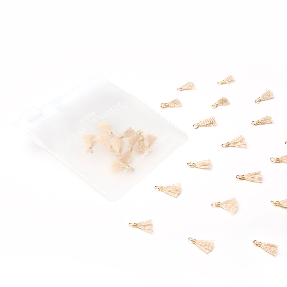 Kleine beigefarbene Alexandra Renke Tasseln sind neben einem durchsichtigen Reißverschlussbeutel auf weißem Grund verstreut - ideal als feine Schmuckakzente oder für kreative Buchbindeprojekte.