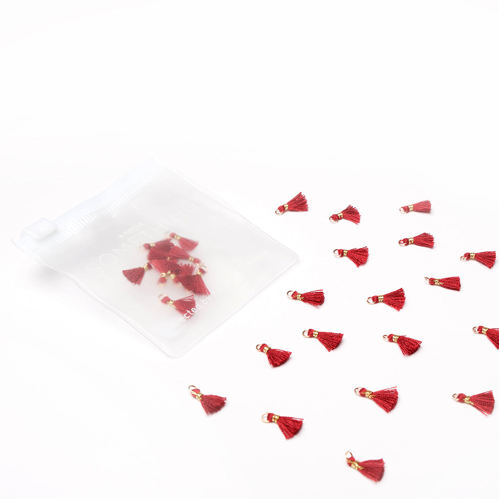 Alexandra Renke kleine rote Quastenanhänger, ideal für Buchbindearbeiten oder Papierprojekte, werden neben einem transparenten Beutel auf weißem Hintergrund präsentiert.
