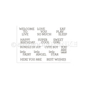 Schwarze Textsätze wie WELCOME TO LIVE, HAPPY BIRTHDAY und LOVE YOU SO MUCH auf weißem Hintergrund - perfekt für Alexandra Renke Clear Stamps oder Photopolymer Stempel, um jedem Projekt die besten Wünsche hinzuzufügen.