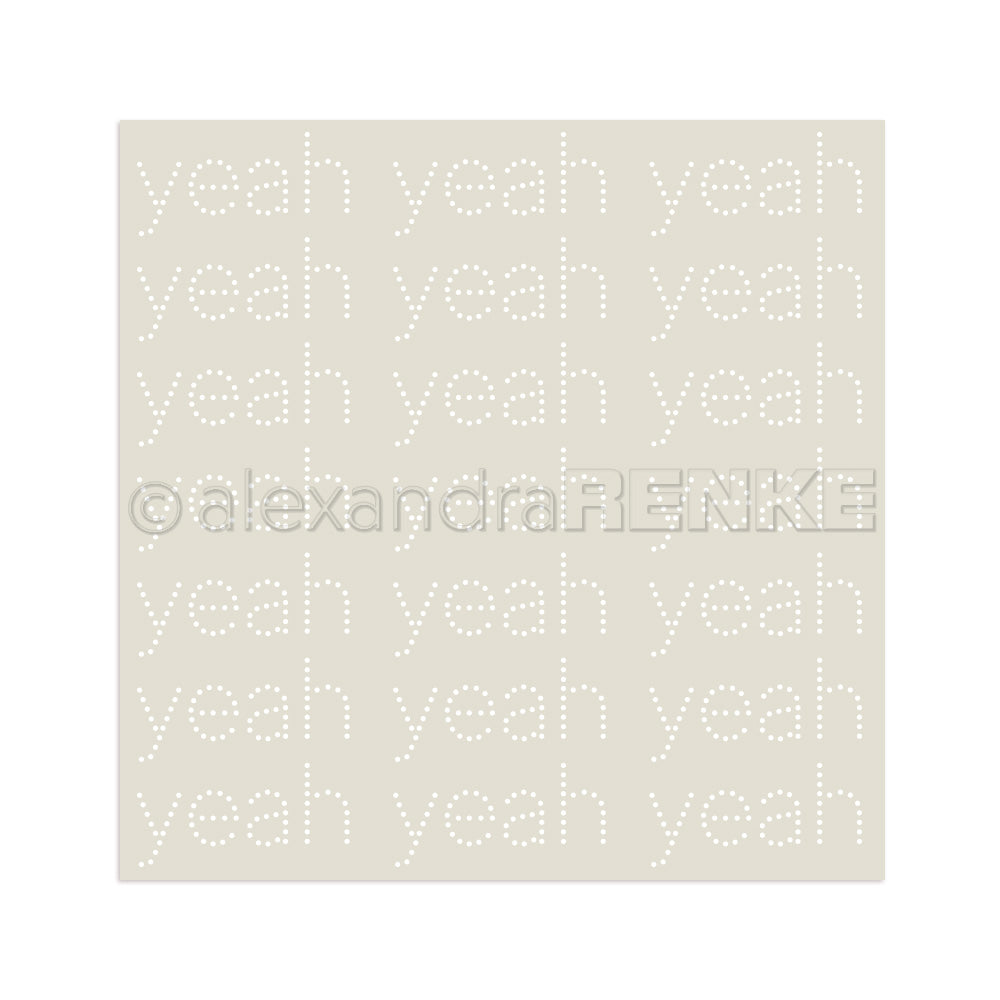 Beigefarbenes Quadrat von Alexandra Renke mit "yeah" in gepunkteten weißen Kleinbuchstaben in einem Raster - ideal für Papierprojekte oder als lustiger Schablonenhintergrund.