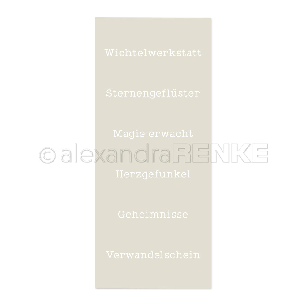 Beigefarbenes Rechteck mit weißem Schriftzug -Wichtelwerkstatt, Sternengeflüster, Magie erwacht- von Alexandra Renke; perfekt für Papierprojekte oder als charmante Schablone für Ihre kreativen Designs.