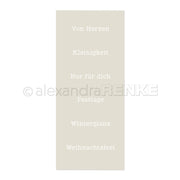 Beige Karte von Alexandra Renke mit weißem deutschen Text: Von Herzen, Kleinigkeit, Nur für dich, Festtage, Winterglanz, Weihnachtsfest. Ideal als Bastelbedarf oder für kreative Gestaltungen mit Weihnachtsschablonen und Schablonen.