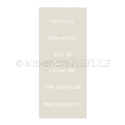 Auf der beigefarbenen Karte von Alexandra Renke stehen weihnachtliche Sprüche wie "Fröhliche Weihnachten" und "Ho Ho Ho Frohes Fest", die mit der Schablone Frohes Fest erstellt wurden - ideal für Schablone Papierprojekte und wiederverwendbare, kreative Weihnachtsmotive.
