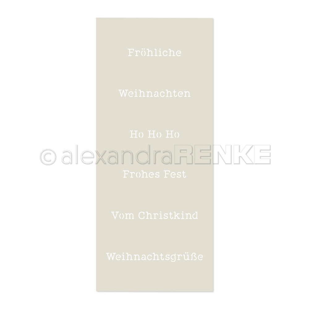 Auf der beigefarbenen Karte von Alexandra Renke stehen weihnachtliche Sprüche wie "Fröhliche Weihnachten" und "Ho Ho Ho Frohes Fest", die mit der Schablone Frohes Fest erstellt wurden - ideal für Schablone Papierprojekte und wiederverwendbare, kreative Weihnachtsmotive.