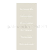 Beigefarbenes Rechteck von Alexandra Renke mit deutschen Worten: Adventsgrüße, Lichterglanz, Winterzauber, Sternstunde, Flockentanz, Weihnachtszeit-ideal für Papierprojekte oder als Weihnachtszeit-Schablonen-Design.