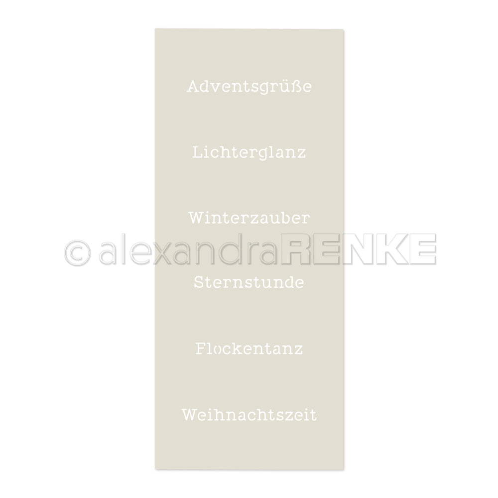 Beigefarbenes Rechteck von Alexandra Renke mit deutschen Worten: Adventsgrüße, Lichterglanz, Winterzauber, Sternstunde, Flockentanz, Weihnachtszeit-ideal für Papierprojekte oder als Weihnachtszeit-Schablonen-Design.