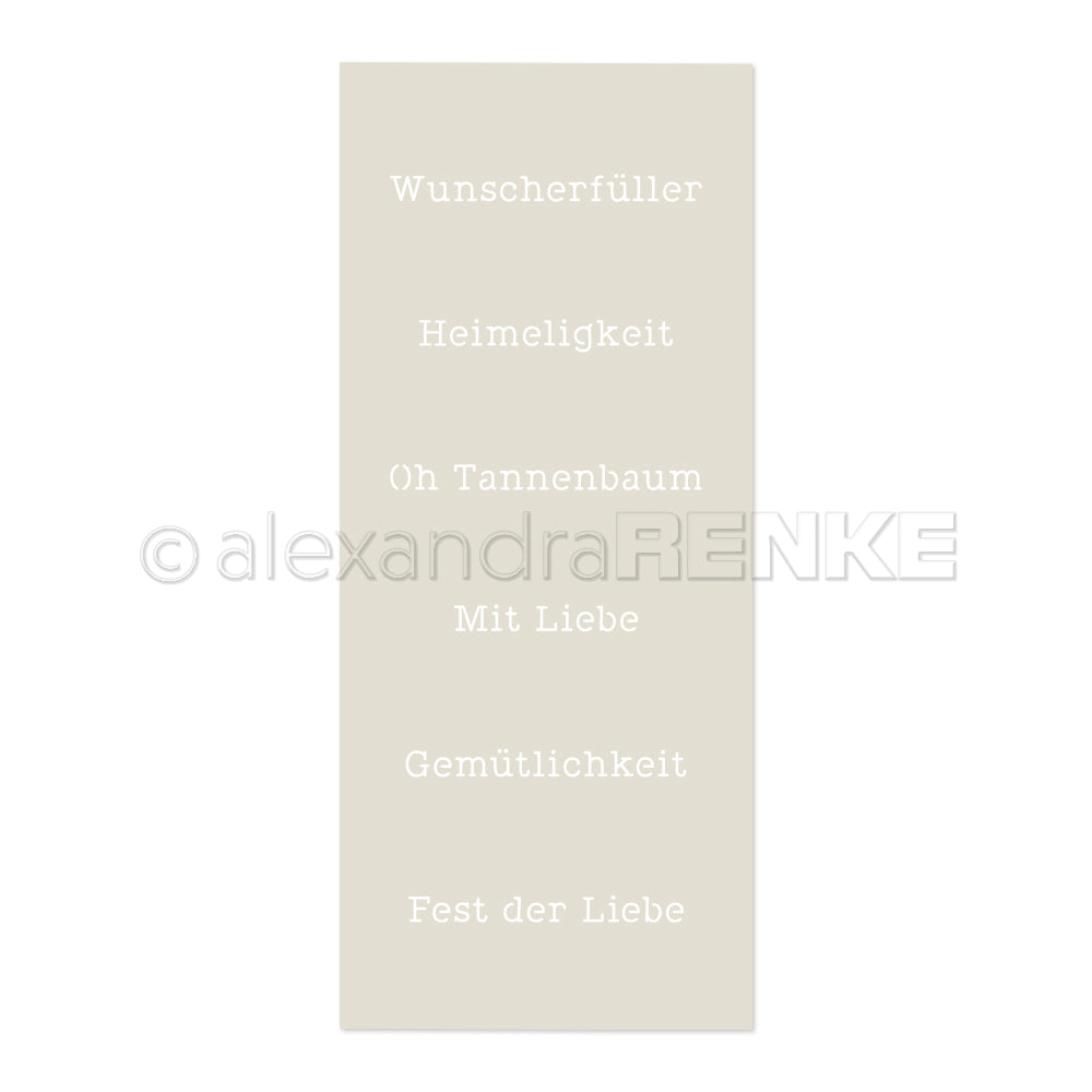 Weißer deutscher Text auf beigem Hintergrund mit Wörtern wie Wunscherfüller und Mit Liebe, hergestellt mit Alexandra Renke Schablonen für ein stilvolles, wiederverwendbares Design.
