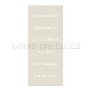 Weißer deutscher Text auf beigem Hintergrund mit Wörtern wie Wunscherfüller und Mit Liebe, hergestellt mit Alexandra Renke Schablonen für ein stilvolles, wiederverwendbares Design.