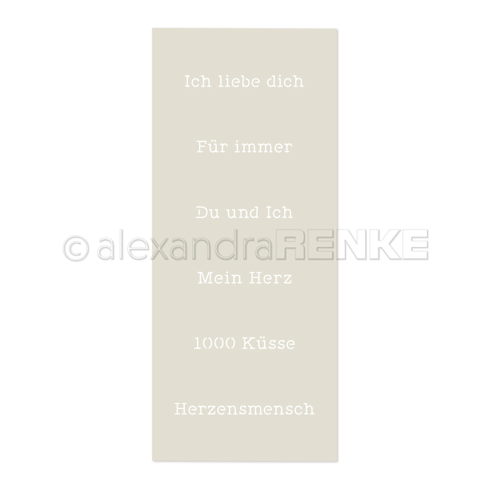 Rechteckige Karte von Alexandra Renke mit deutschen Liebessprüchen in Weiß auf hellbeigem Hintergrund - perfekt als wiederverwendbare Schablone Du und Ich Schablonen für kreative Projekte.