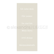 Rechteckige Karte von Alexandra Renke mit deutschen Liebessprüchen in Weiß auf hellbeigem Hintergrund - perfekt als wiederverwendbare Schablone Du und Ich Schablonen für kreative Projekte.